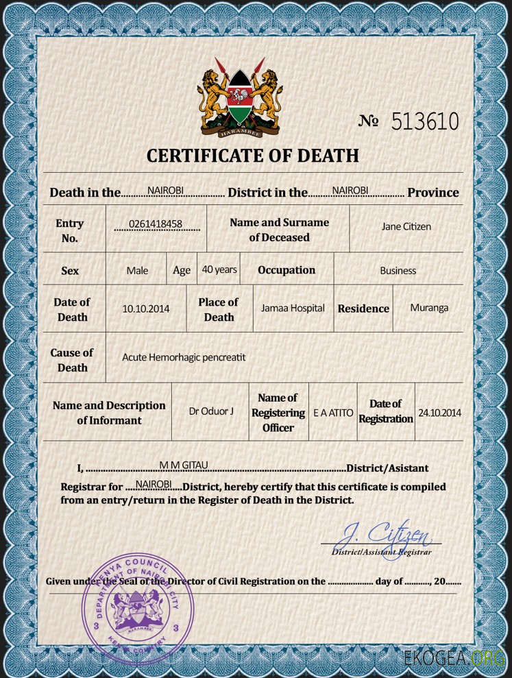 Modèle PSD de certificat de décès de l'état civil du Kenya